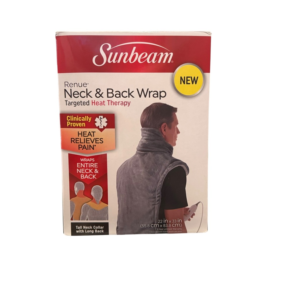 Sunbeam Renue Neck & Back Wrap Targeted Heat Therapy Micromink Gray Heating Pad